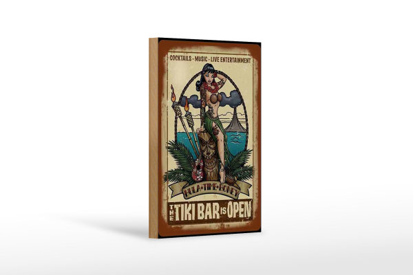 Holzschild Pin Up 12x18cm TIKI Bar is Open Cocktail Music