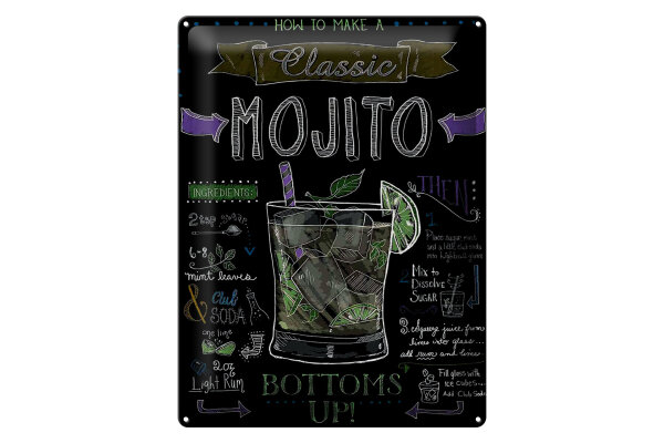 Blechschild Cocktail 30x40 cm Classic Mojito Rezept Tafeloptik Deko Schild