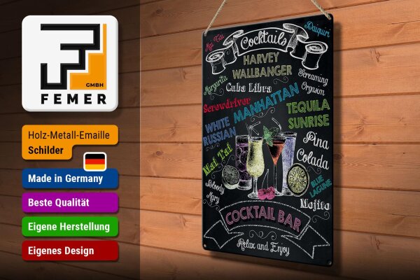 Blechschild Cocktail 30x40 cm Verschieden Cocktails Tafeloptik Deko Schild