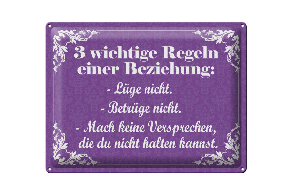 Blechschild Spruch 30x40 cm  3 wichtige Regeln einer Beziehung Deko Schild