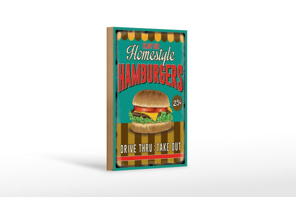 Holzschild Essen 12x18cm Hamburgers enjoy our Homestyle