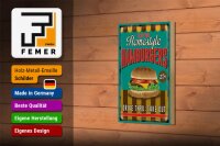 Holzschild Essen 12x18cm Hamburgers enjoy our Homestyle