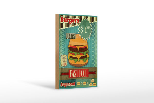 Holzschild Essen 12x18cm fast food Burgers buy now wifi