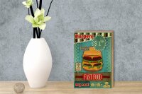 Holzschild Essen 12x18cm fast food Burgers buy now wifi
