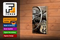 Holzschild Retro 12x18cm Auto Lenkrad Route US 66