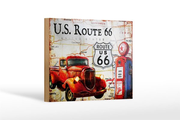 Holzschild Retro 18x12cm US Route 66 Oldtimer Tankstelle
