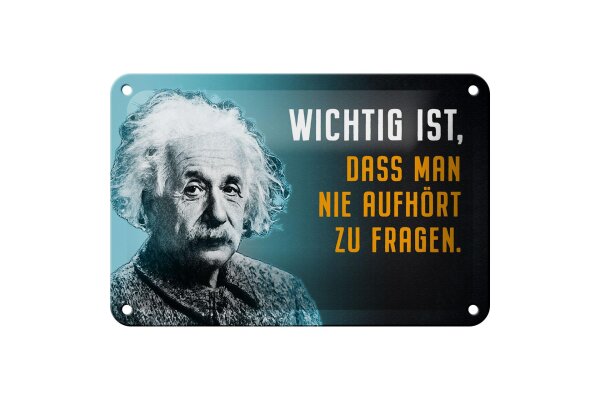 Blechschild Zitat 12x18 cm Einstein Blau nie aufhört zu fragen Deko Schild