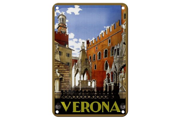 Blechschild Reise 12x18 cm Verona Italien Zinnen Gebäude Deko Schild