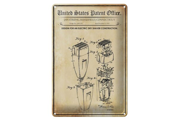 Blechschild Patent 20x30 cm Entwurf für einen Trocken-Rasierer Deko Schild