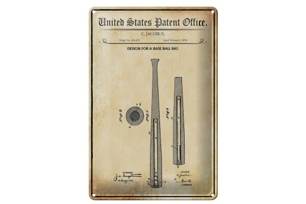 Blechschild Patent 20x30 cm Entwurf für einen Baseballschläger Deko Schild