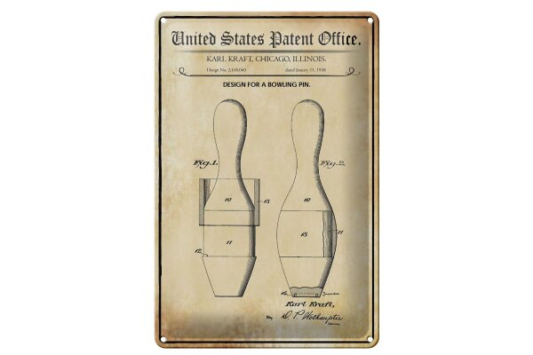 Blechschild Patent 20x30 cm Entwurf für einen Bowling Pin Deko Schild