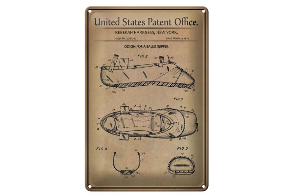 Blechschild Patent 20x30 cm Entwurf für einen Ballettschuh Deko Schild