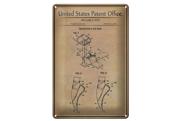 Blechschild Patent 20x30 cm Entwurf für einen Zehnschuh Ballett Deko Schild