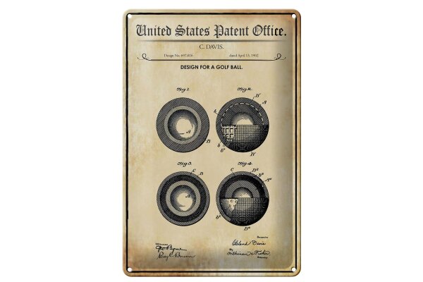 Blechschild Patent 20x30 cm Entwurf für einen Golfball 2 Deko Schild