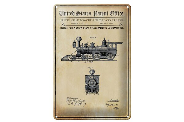 Blechschild Patent 20x30 cm Entwurf für einen Schneepflug für Lokomotiven Schild