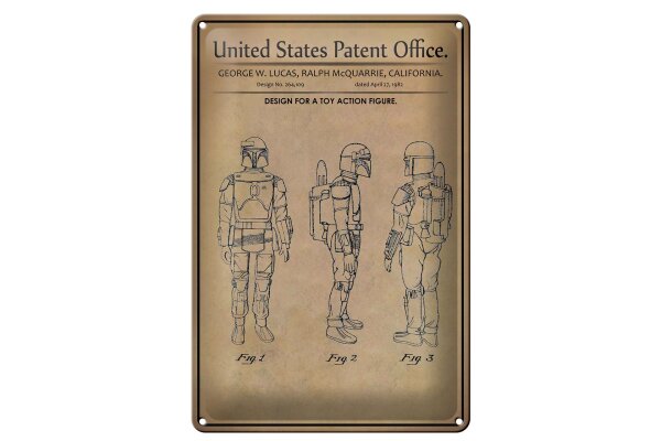 Blechschild Patent 20x30 cm Entwurf für eine Spielzeug Actionfigur Deko Schild