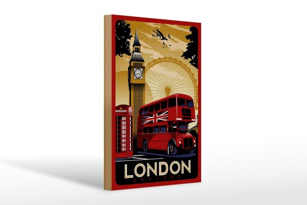 Holzschild Reise 20x30 cm Retro roter Bus Telefonzelle Deko Schild