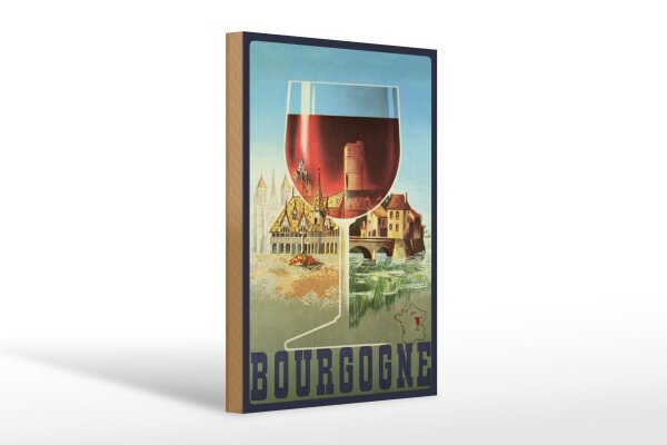 Holzschild Reise 20x30 cm Bourgogne Rotweinglas Retro Deko Schild