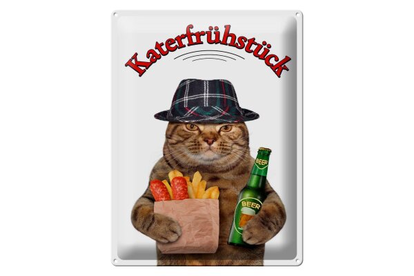 Blechschild Tiere 30x40 cm Katze mit Bier und Pommes Katerfrühstück Schild