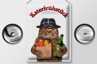Blechschild Tiere 30x40 cm Katze mit Bier und Pommes Katerfrühstück Schild
