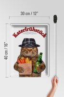 Blechschild Tiere 30x40 cm Katze mit Bier und Pommes Katerfrühstück Schild
