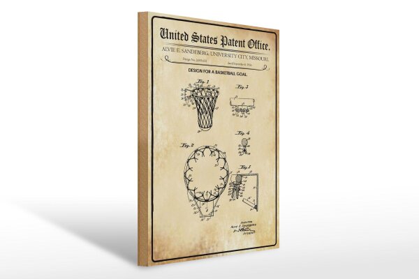 Holzschild Patent 30x40 cm Entwurf für einen Basketball-Korb Deko Schild