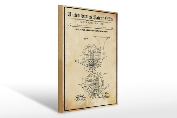 Holzschild Patent 30x40 cm Entwurf für ein Messing Blashorn Deko Schild