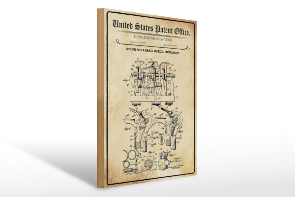 Holzschild Patent 30x40 cm Entwurf für Luftventile an Blasinstrumenten Schild