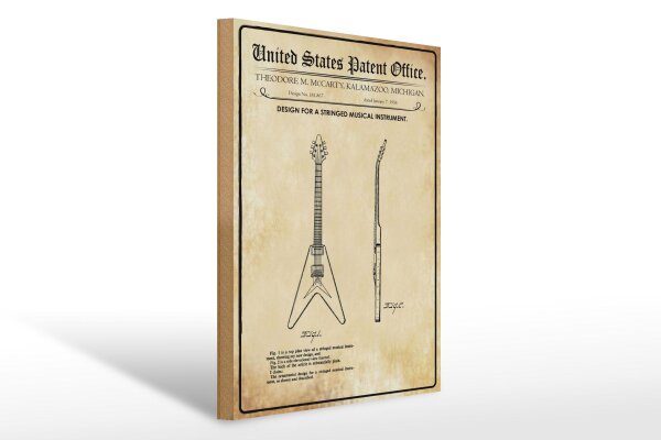 Holzschild Patent 30x40 cm Entwurf für eine ausgefallene Gitarre Deko Schild