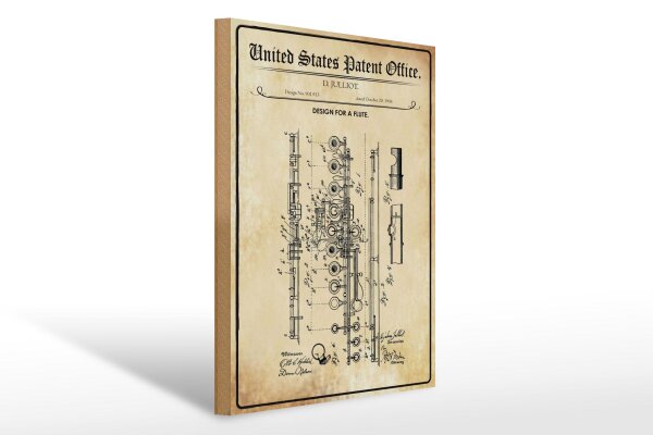 Holzschild Patent 30x40 cm Entwurf für eine Metall-Flöte Deko Schild