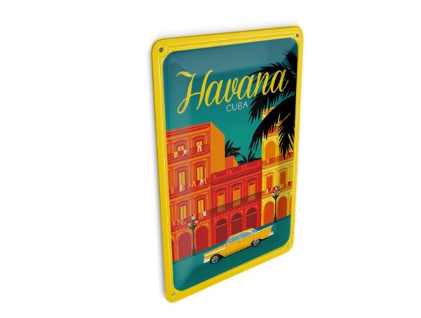 Blechpostkarte Havana 10x14 cm Cuba Zeichnung gelbes Auto Deko Schild