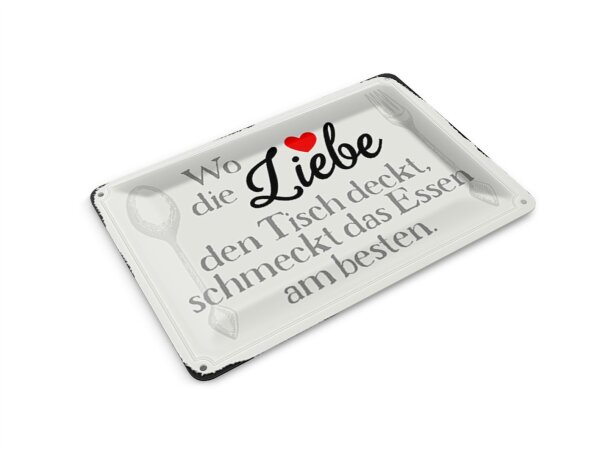 Blechpostkarte Spruch 14x10 cm wo Liebe den Tisch deckt Essen Deko Schild
