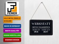 Blechpostkarte Spruch 14x10 cm Werkstatt Öffnungszeiten open Deko Schild