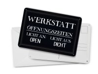 Blechpostkarte Spruch 14x10 cm Werkstatt Öffnungszeiten open Deko Schild
