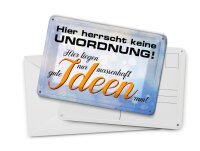 Blechpostkarte Spruch 14x10 cm hier herrscht keine Unordnung Deko Schild