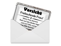 Blechpostkarte Hinweis 14x10 cm Vorsicht freilaufende Frau Deko Schild