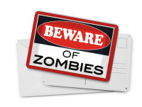 Blechpostkarte Hinweis 14x10 cm beware of Zombies Metall Deko Schild