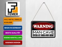 Blechpostkarte Hinweis 14x10 cm Warning Man Cave enter at your Deko Schild