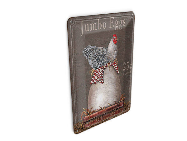 Blechpostkarte Spruch 10x14 cm Huhn Jumbo Eggs 25 c a dozen Deko Schild