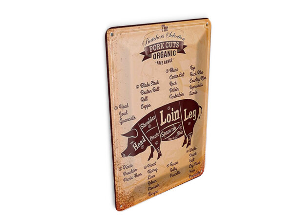 Blechpostkarte Metzger 10x14 cm Pork cuts Organic free Schwein Deko Schild