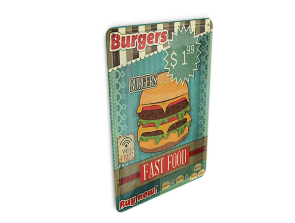 Blechpostkarte Essen 10x14 cm fast food Burgers buy now wifi Deko Schild