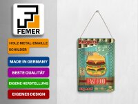 Blechpostkarte Essen 10x14 cm fast food Burgers buy now wifi Deko Schild