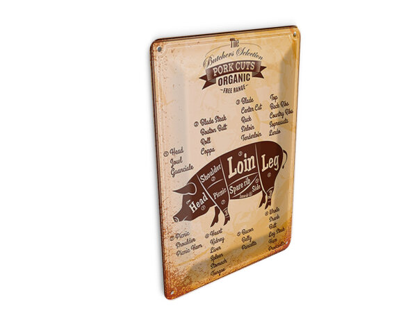 Blechpostkarte Schwein 10x14 cm Pork cuts Organic Metzgerei Deko Schild