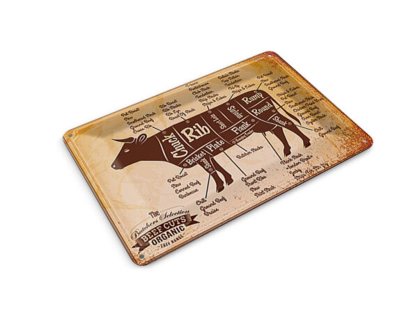 Blechpostkarte Kuh 14x10 cm Beef cuts Organic Metzgerei Schild