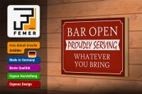 Holzschild Spruch 18x12 cm Bar open proudly serving Dekoration