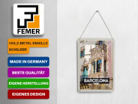 Blechpostkarte Reise 10x14 cm Barcelona Spanien Architektur Tourismus Schild