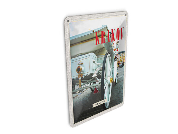Blechpostkarte Reise 10x14 cm Krakau Polen weiße Pferdekutsche Schild