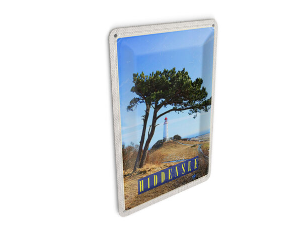 Blechpostkarte Reise 10x14 cm Hiddensee Leuchtturm Baum Weide Wiese Schild