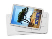 Blechpostkarte Reise 10x14 cm Hiddensee Leuchtturm Baum Weide Wiese Schild