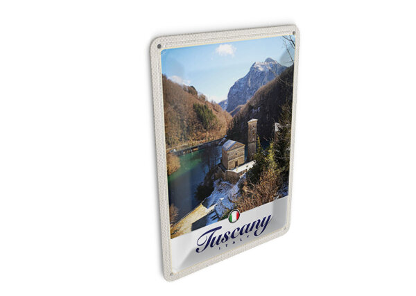 Blechpostkarte Reise 10x14cm Toskana Italien Architektur Gebirge Schild